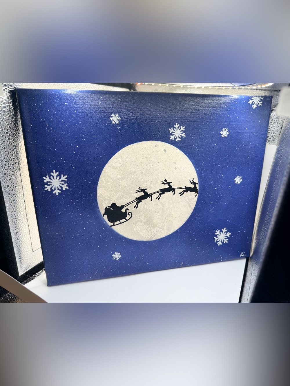 Festive Santa Sleigh Wall Art - Navy Blue Holiday Canvas